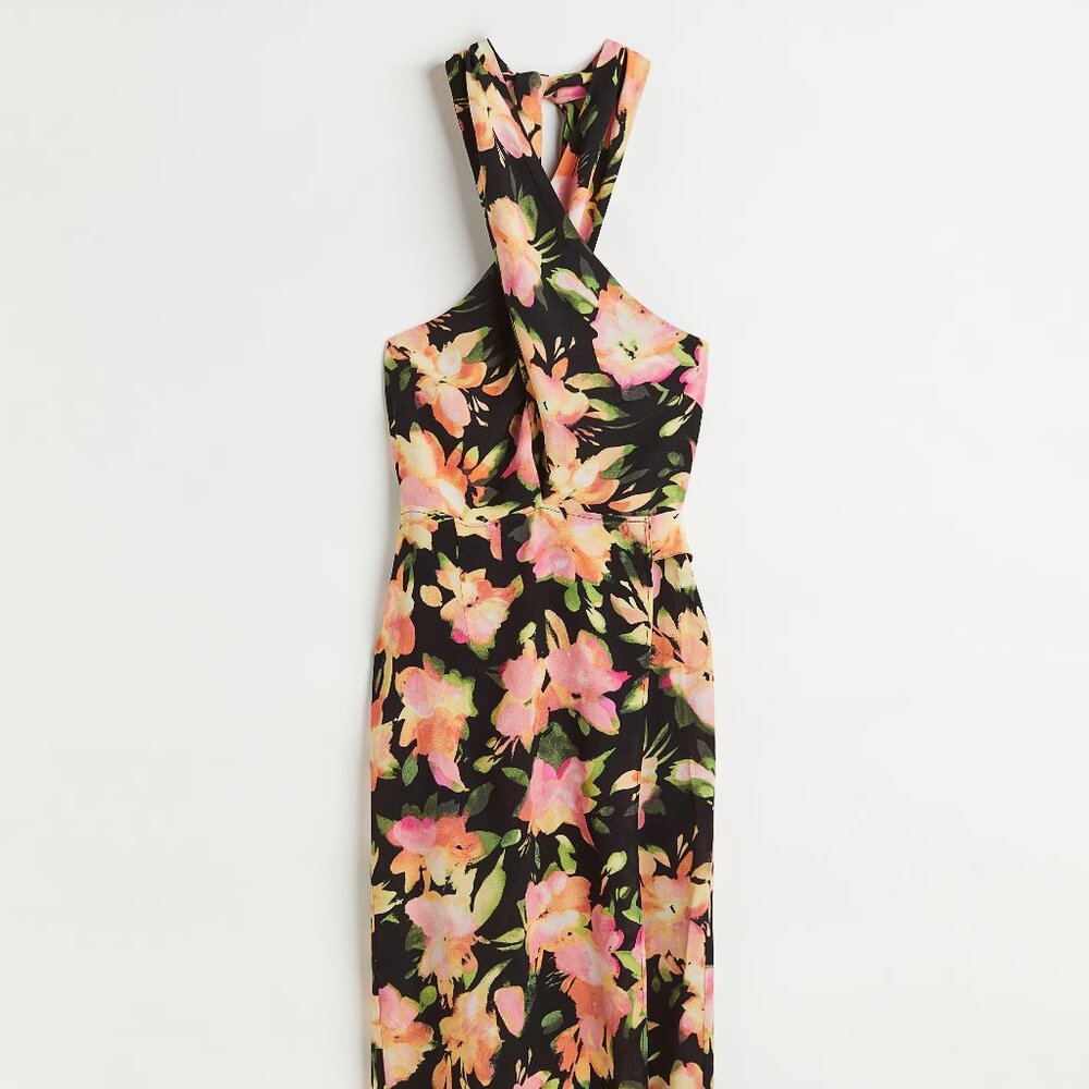 H&M Halterneck Wrap Dress - Black/floral - Ladies XXL
